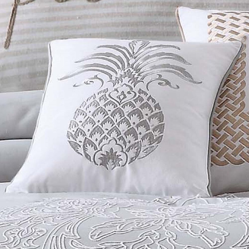 Pem America Tropical Plantation Pineapple Pillow in Grey and White, , large