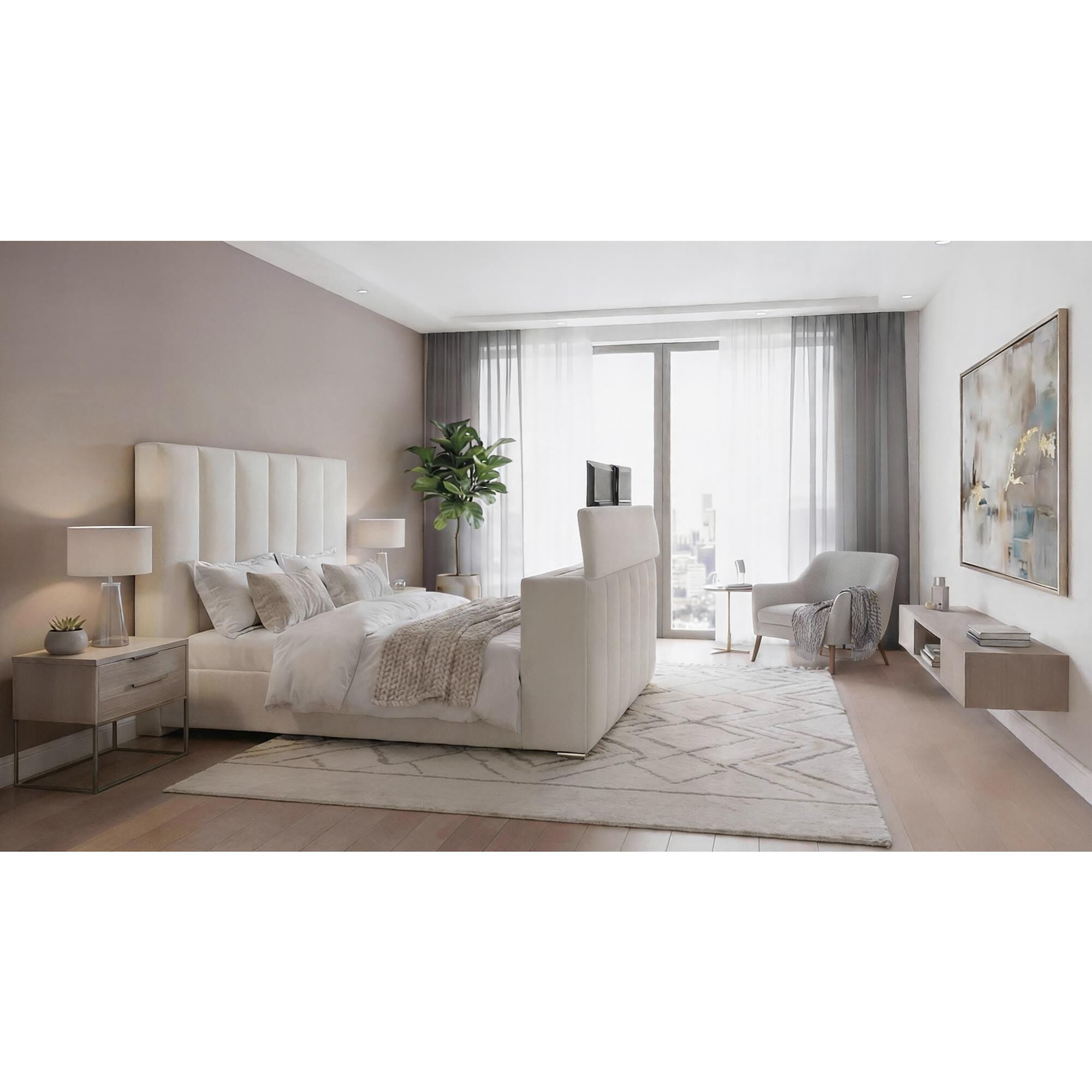 Modern Market Serenity King Bed with Speaker, TV Lift, and Fireplace