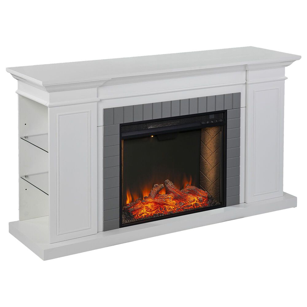Southern Enterprises Rylana Alexa Smart Fireplace with Bookcase in White/Gray, , large