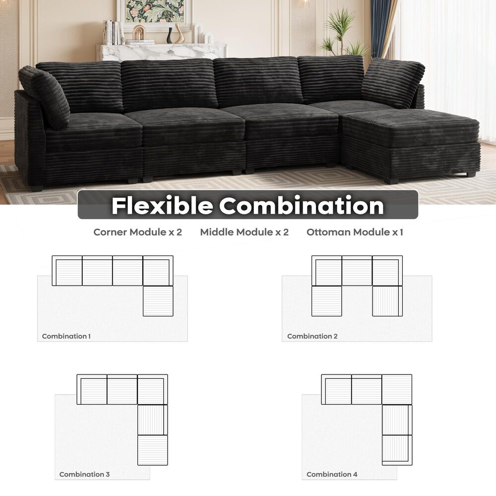 HOMLUX 5-Piece Mod Sectional with Ottoman in Black, , large