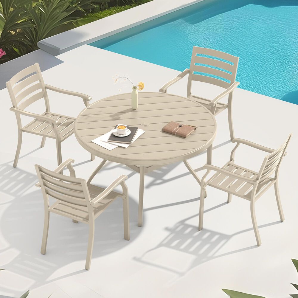 Hearth and Haven 5-Piece Outdoor Metal Dining Set with Stackable Chairs and Round Slatted Table in Sandstone, , large