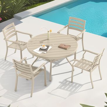 Hearth and Haven 5-Piece Outdoor Metal Dining Set with Stackable Chairs and Round Slatted Table in Sandstone, , large