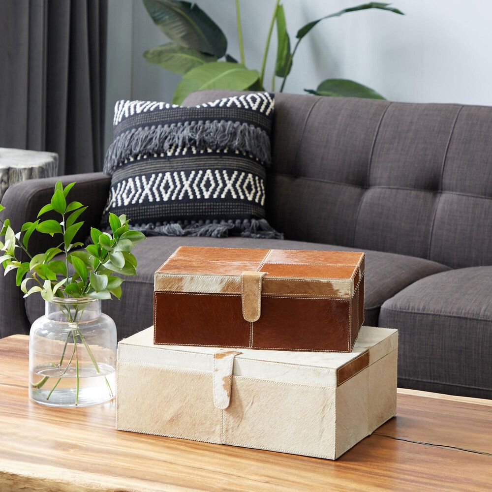 Maple and Jade 2-Piece Handmade Cowhide Decorative Box Set with Snap Front Closure in Brown and White, , large