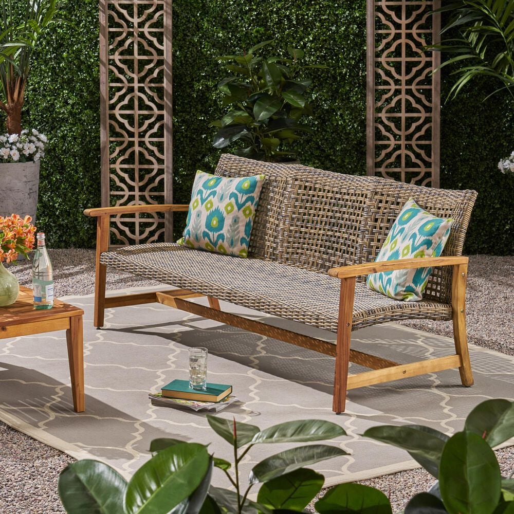 Hearth and Haven Hampton Outdoor Wicker Sofa with Wooden Frame in Grey and Natural, , large