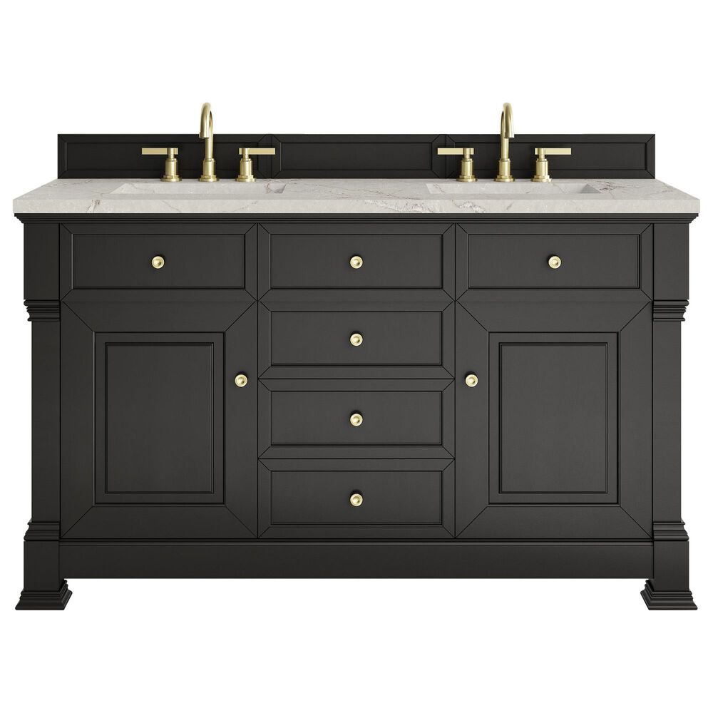 James Martin Vanities Brookfield 60&quot; Double Bathroom Vanity in Black Onyx with 3 cm Victorian Silver Quartz Top and Rectangular Sinks, , large