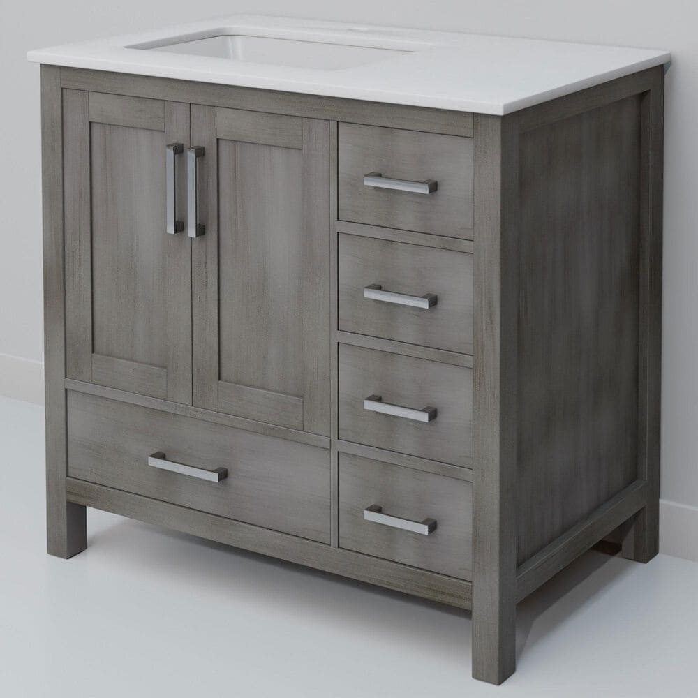 Lexora Home Jacques 36" Left Offset Single Bathroom Vanity in Distressed Grey with 2 cm White Quartz Top and Rectangular Sink, , large