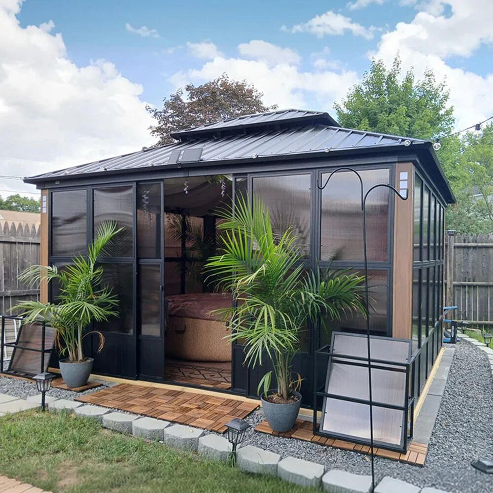HOMLUX 12' x 14' Outdoor Hardtop Sunroom Gazebo with Aluminum Frame in Black, , large