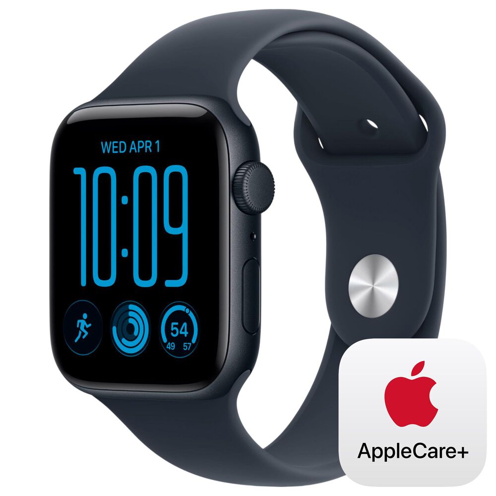 Apple Watch SE 3 (GPS) 44mm Midnight Aluminum Case with Navy Blue Sport Band - S/M and 2-Year AppleCare+, , large