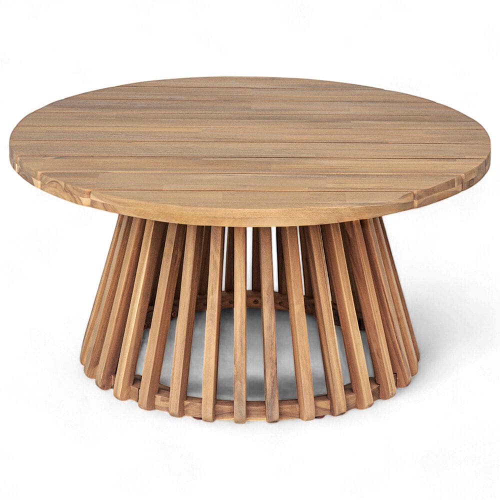 Hearth and Haven Outdoor Round Coffee Table with Slatted Base in Light Teak, , large