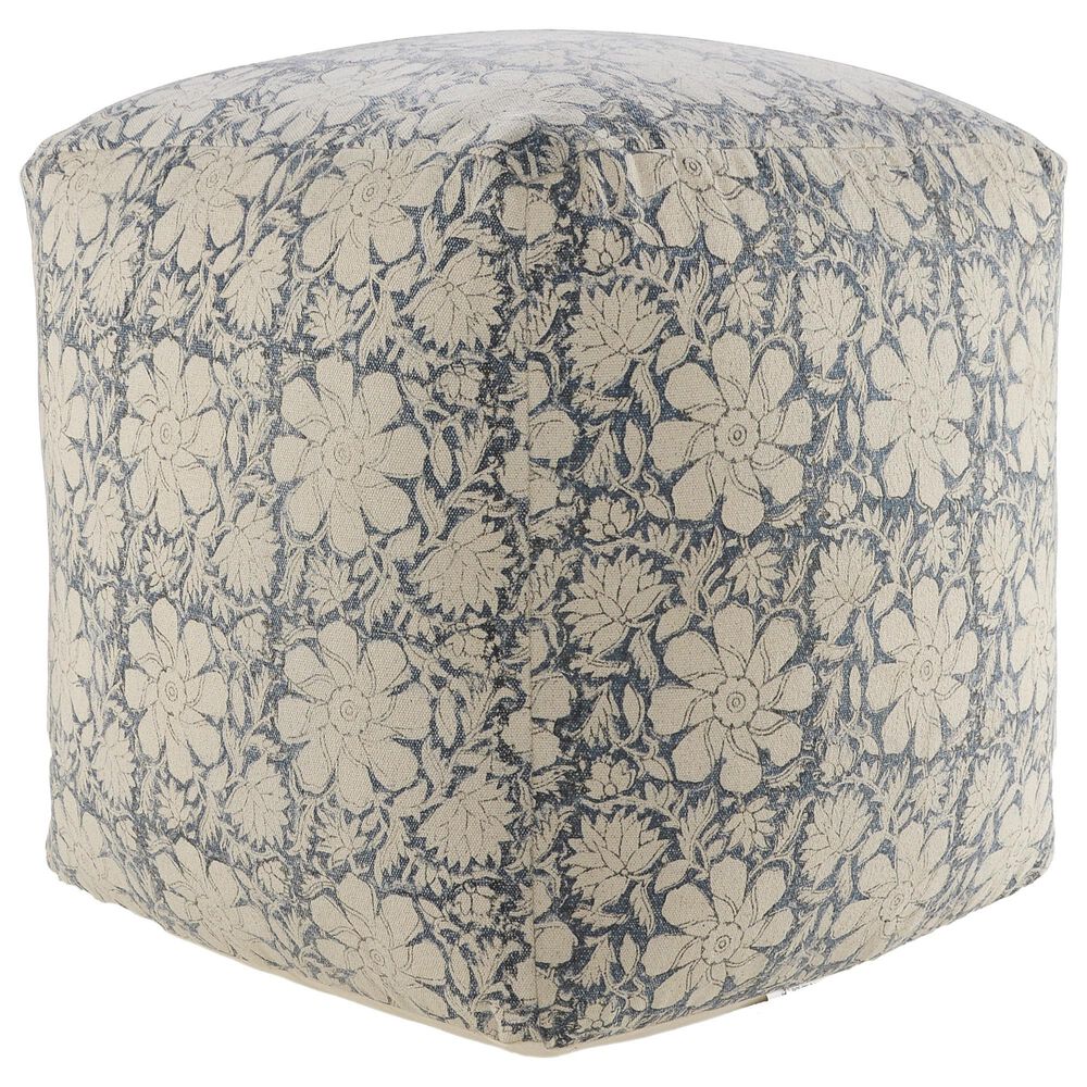 LR Home 20" Square Floral Pouf in Blue and Beige, , large