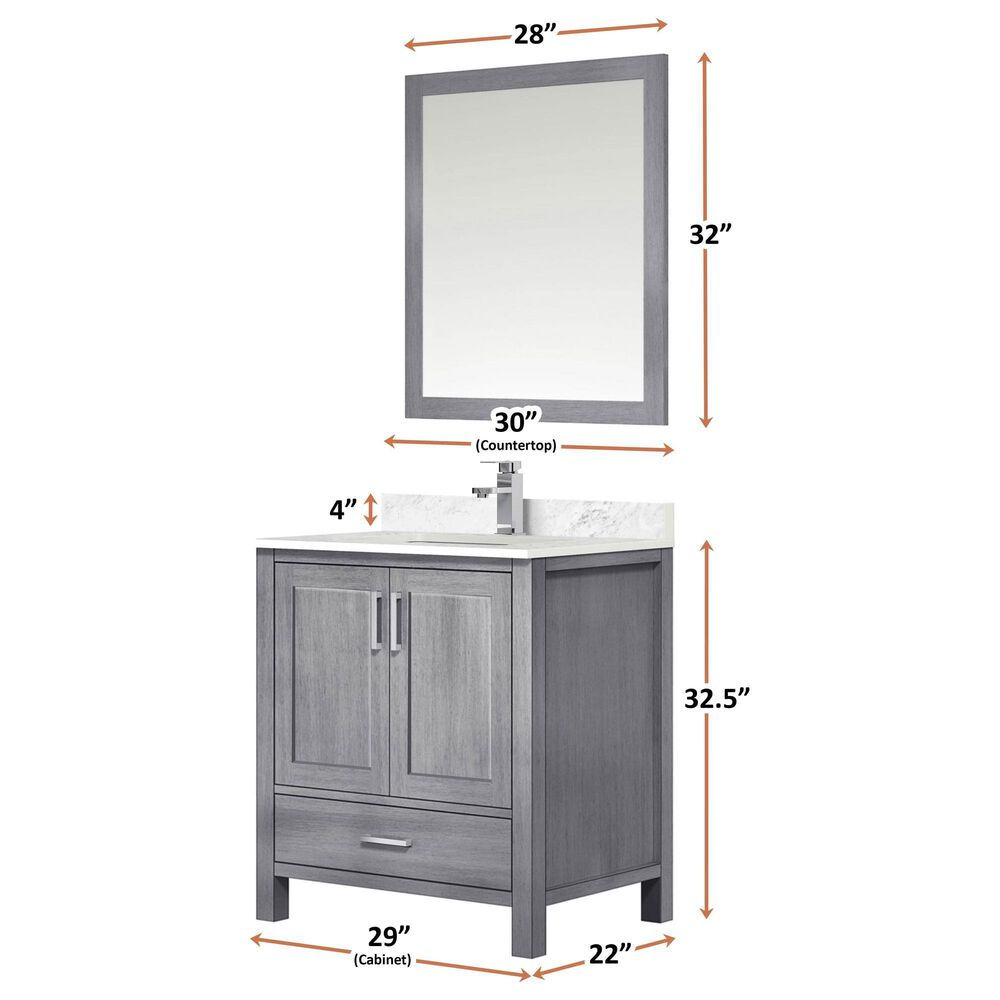 Lexora Home Jacques 30&quot; Single Bathroom Vanity in Distressed Grey with 2 cm White Carrara Marble Top and Rectangular Sink, , large