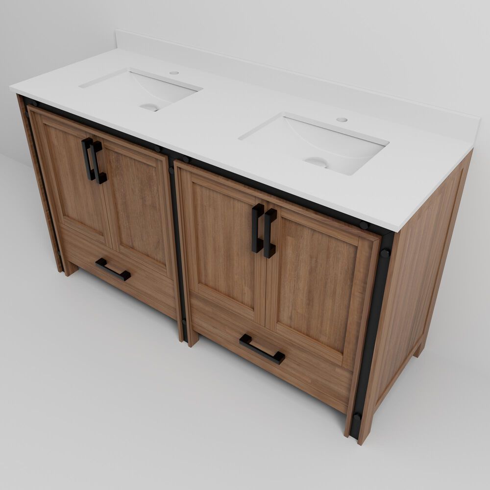 Lexora Home Ziva 60&quot; Double Bathroom Vanity in Rustic Barnwood with 2 cm White Quartz Top and Rectangular Sinks, , large
