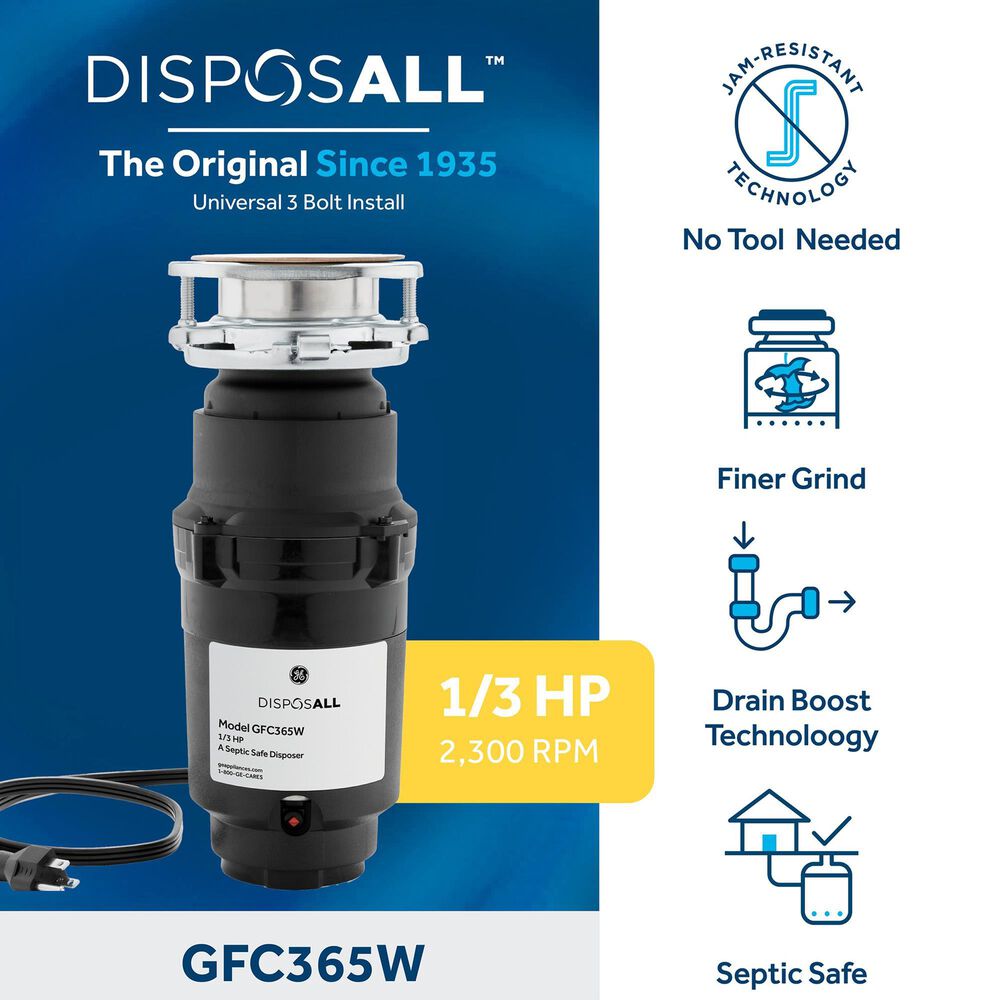 GE Appliances 1/3 HP Continuous Feed Corded Garbage Disposal in Black, , large