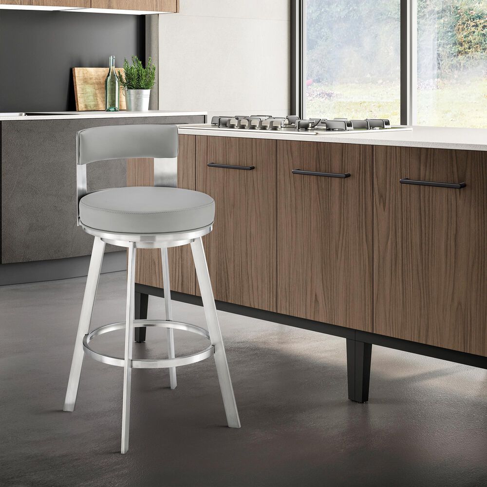 Blue River Flynn 30&quot; Swivel Bar Stool with Light Gray Cushion in Brushed Stainless Steel, , large
