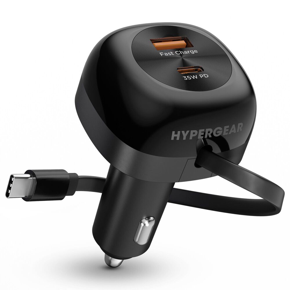 Hypercel SpeedBoost 3-in-1 Fast Car Charger with Retractable 30W USB-C PD Cable in Black, , large