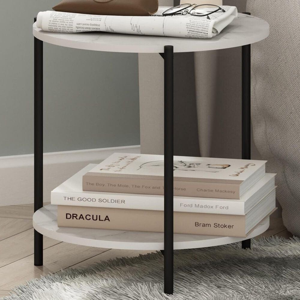 HOMLUX 2-Tier Side End Table in Marble White and Black, , large