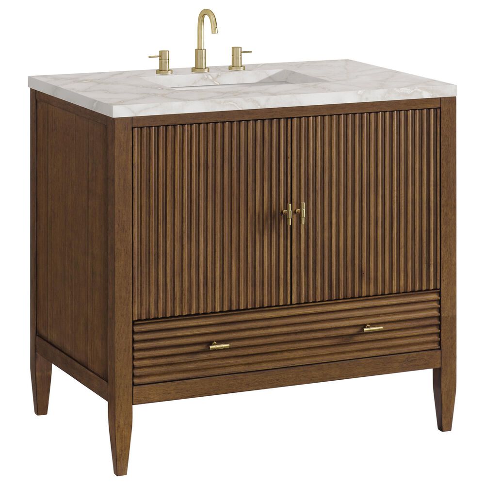James Martin Vanities Myrrin 36" Vanity in Mid-Century Walnut with 3 cm Victorian Silver Quartz Top, , large