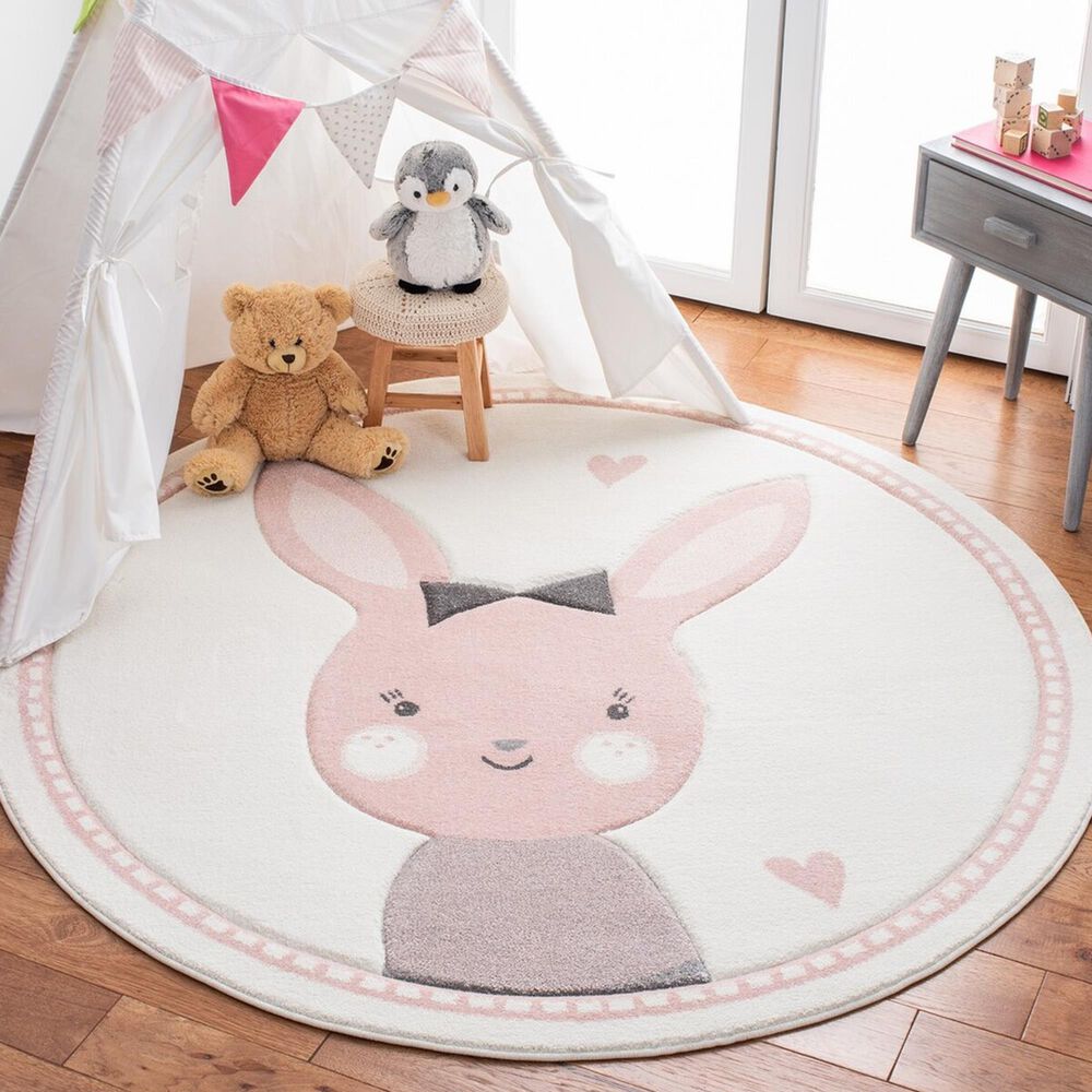 Safavieh Carousel CRK166 5&#39;3&quot; Round Ivory and Pink Kids  Area Rug, , large