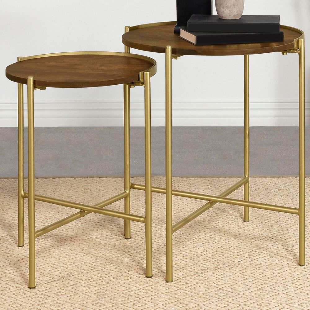 Pacific Landing Malka 2-Piece Round Nesting Table Set in Dark Brown and Gold, , large