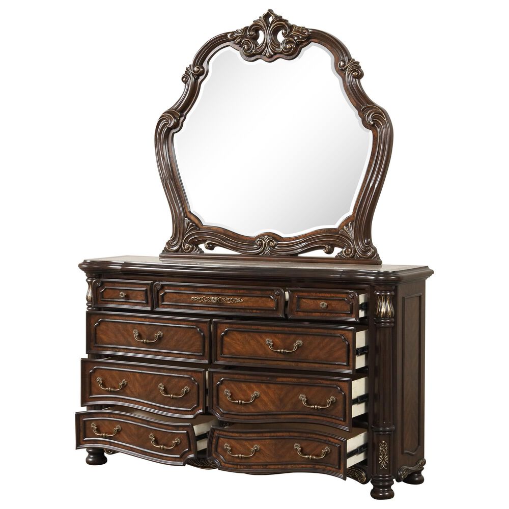 New Heritage Design Bella Note 5-Piece King Sleigh Bedroom Set in Mahogany Brown and Antique Gold, , large