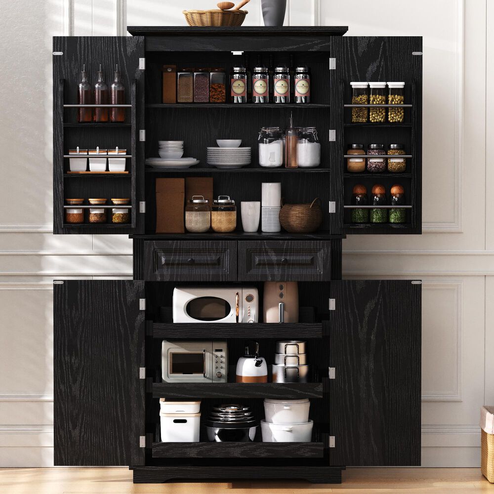 HOMLUX 71" Tall Kitchen Pantry Cabinet with 3 Pull Out Cabinet Organizers, Farmhouse Embossed Texture Storage Cabinet with 6 Door Shelves, 2 Drawers, Freestanding Cupboard for Kitchen, Dining Room Black, , large