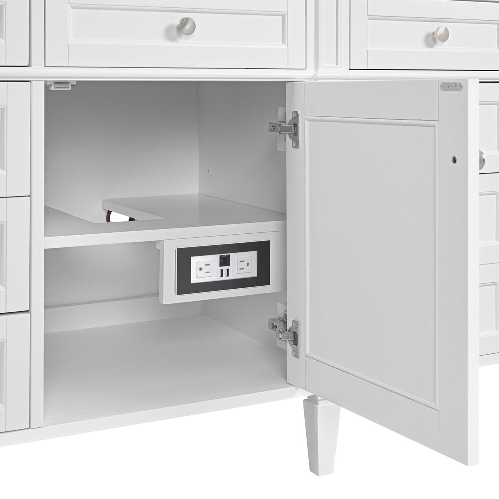 James Martin Brittany 84" Double Bathroom Vanity in Bright White with 3 cm Eternal Jasmine Pearl Top, Rectangular Sinks and FreePower Wireless Charger, , large
