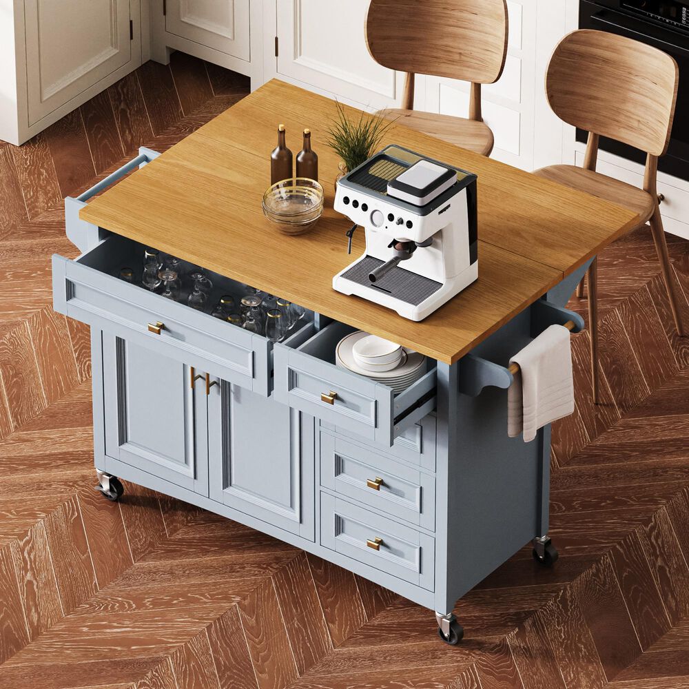 HOMLUX 52'' Kitchen Island with Drop Leaf in Blue Grey, , large