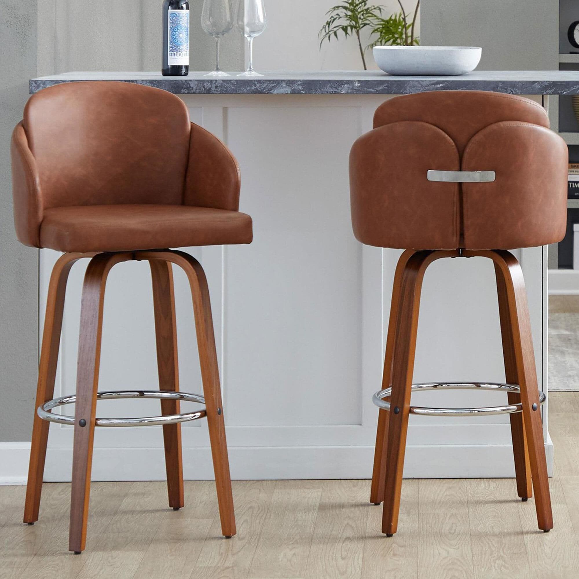 LumiSource Dahlia Swivel Bar Stool with Camel Upholstery in Walnut