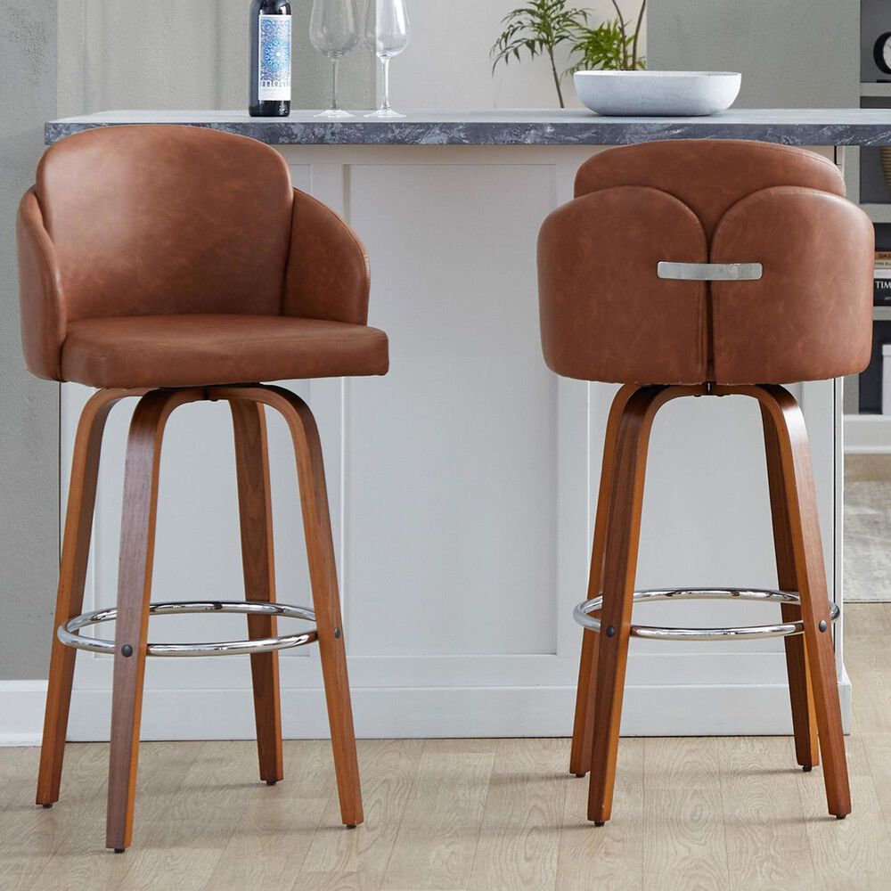 LumiSource Dahlia Swivel Bar Stool with Camel Upholstery in Walnut and Chrome (Set of 2), , large