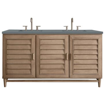 James Martin Portland 60" Double Bathroom Vanity in Whitewashed Walnut with 3 cm Cala Blue Quartz Top and Rectangular Sinks, , large