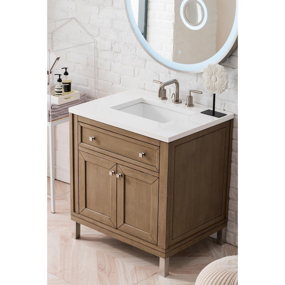James Martin Vanities Chicago 30&quot; Single Bathroom Vanity in White Washed Walnut with 3 cm White Zeus Quartz Top and Rectangular Sink, , large