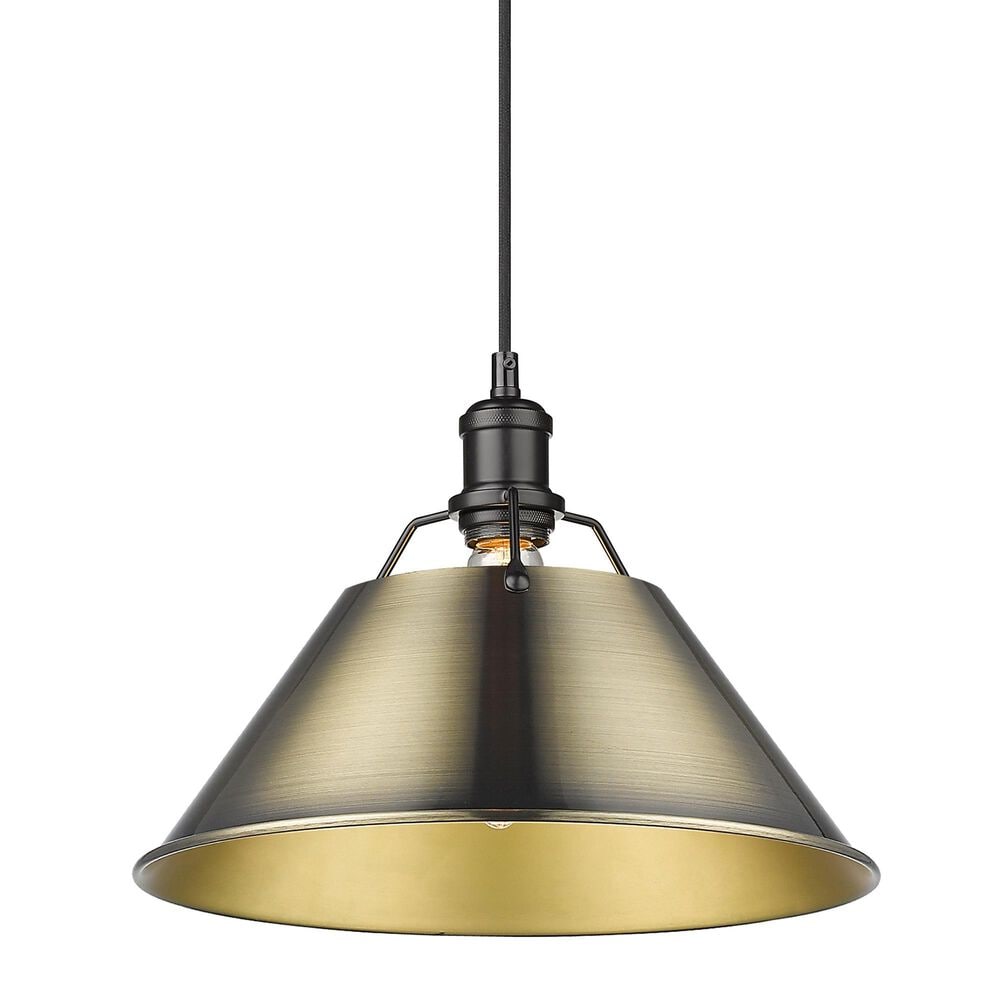 Golden Lighting Orwell 1-Light Wide Large Pendant with Aged Brass Shade in Matte Black, , large