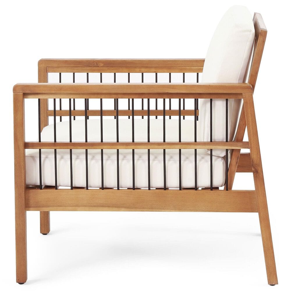 Hearth and Haven Outdoor Acacia Wood Club Chair with Beige Cushions and Slat Panel in Teak, , large