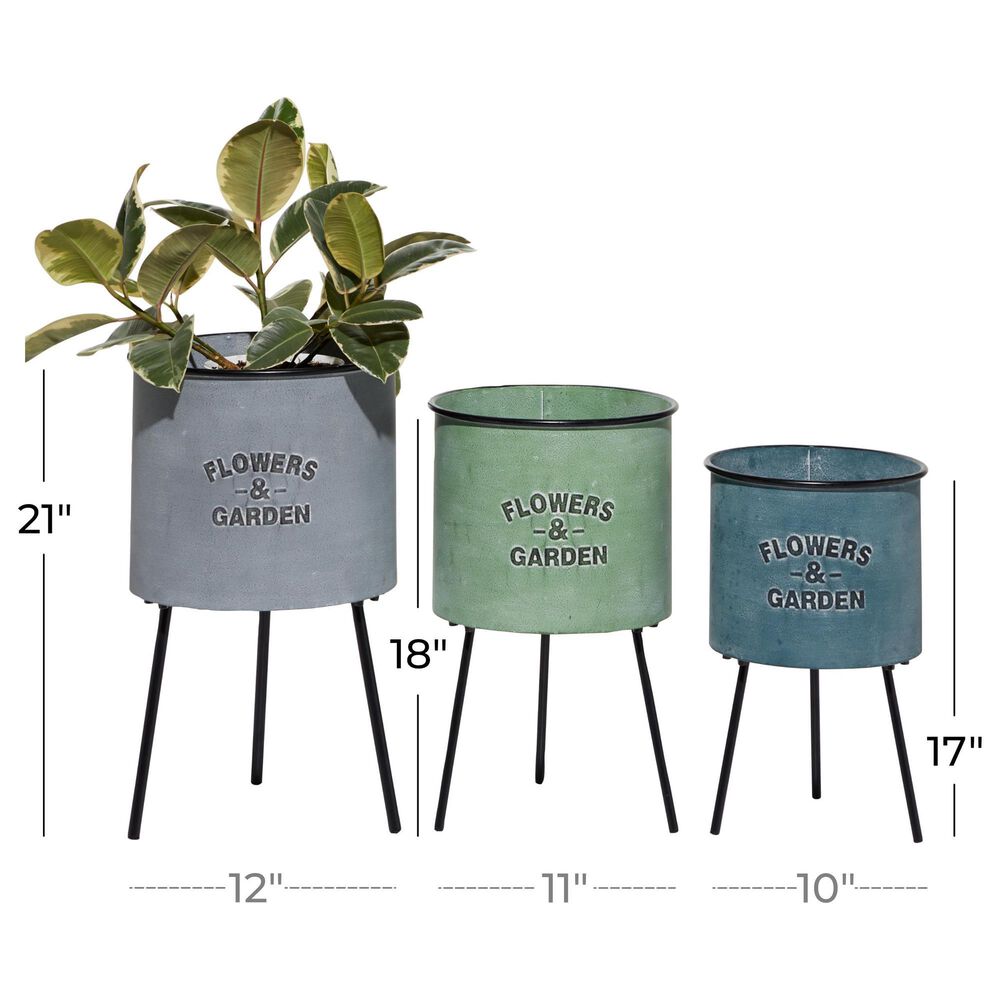 Maple and Jade Flowers and Garden Text Planter in Whitewashed Blue, Green and Gray &#40;Set of 3&#41;, , large