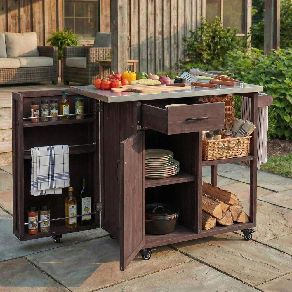 Hearth and Haven Outdoor Kitchen Island Cart with Stainless Steel Top, Towel and Spice Racks in Dark Brown, , large
