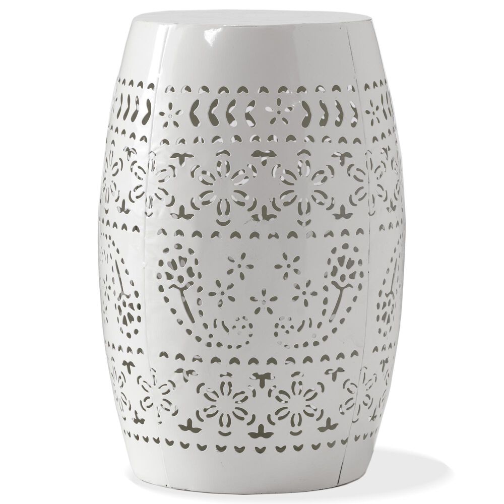 Hearth and Haven Ruby Outdoor Barrel End Table with Lace-Cut Design in White, , large