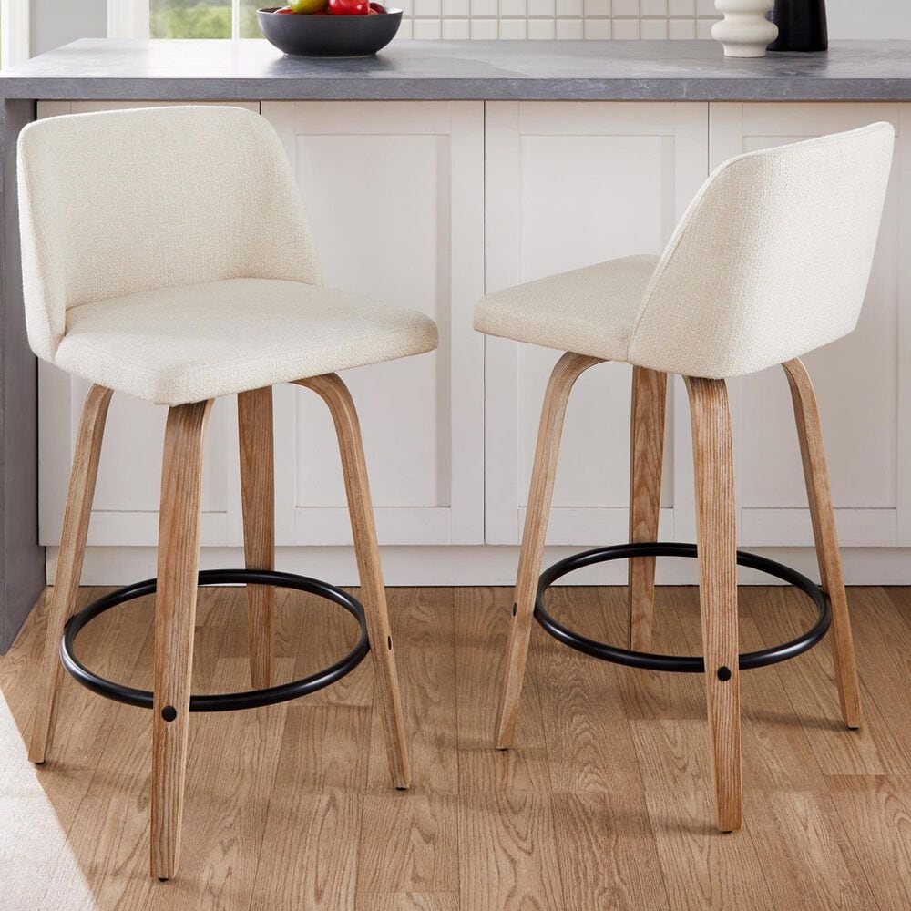 LumiSource Toriano Swivel Counter Stool with Cream Noise Fabric Upholstery in Whitewashed and Black (Set of 2), , large