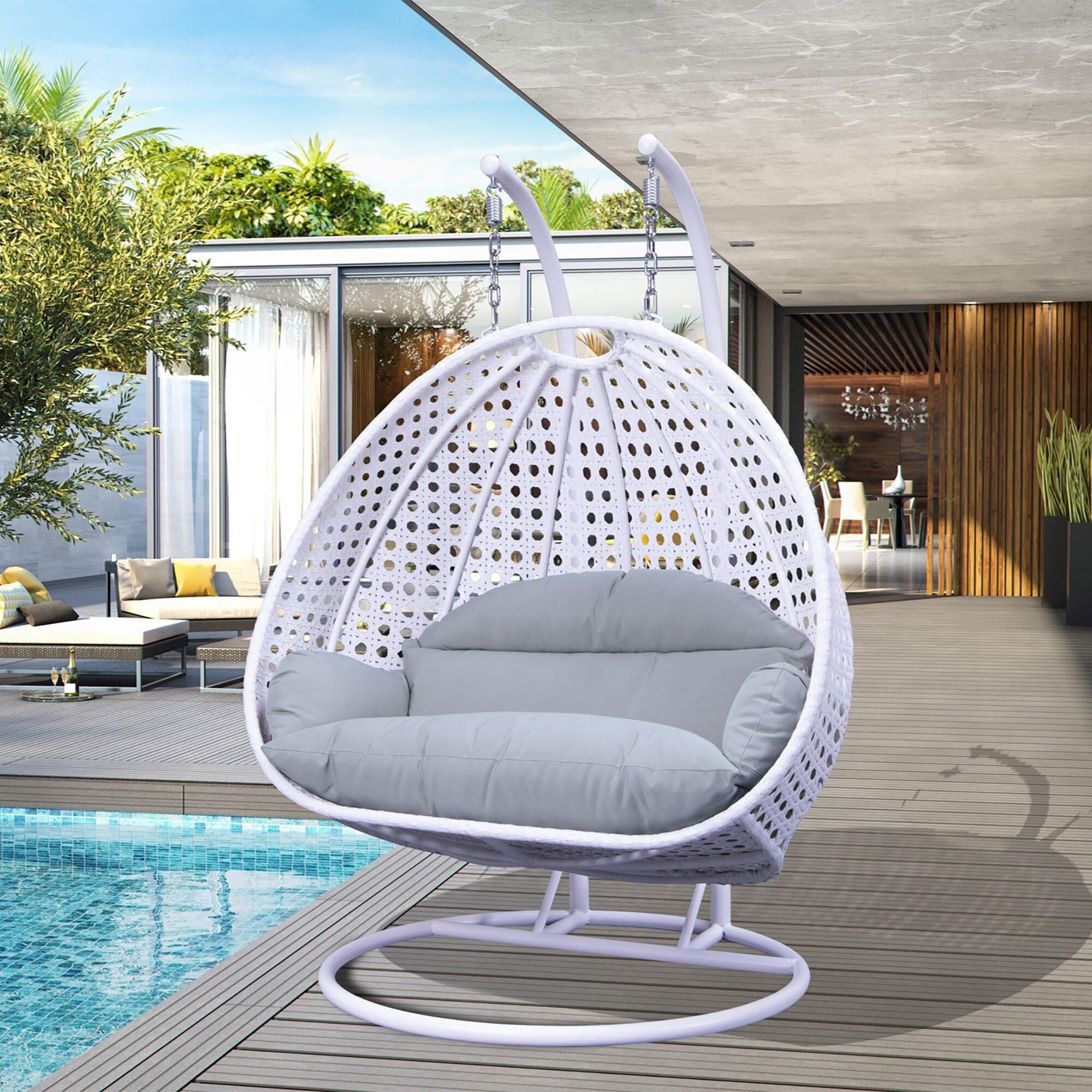 Leisuremod 2 Seat Hanging Egg Swing Chair with Light Grey Cushion in White NFM