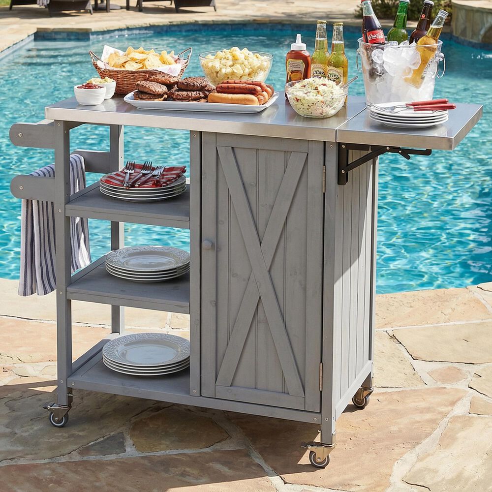 Hearth and Haven Outdoor Kitchen Island Cart with Stainless Steel Top and Lockable Wheels in Gray, , large