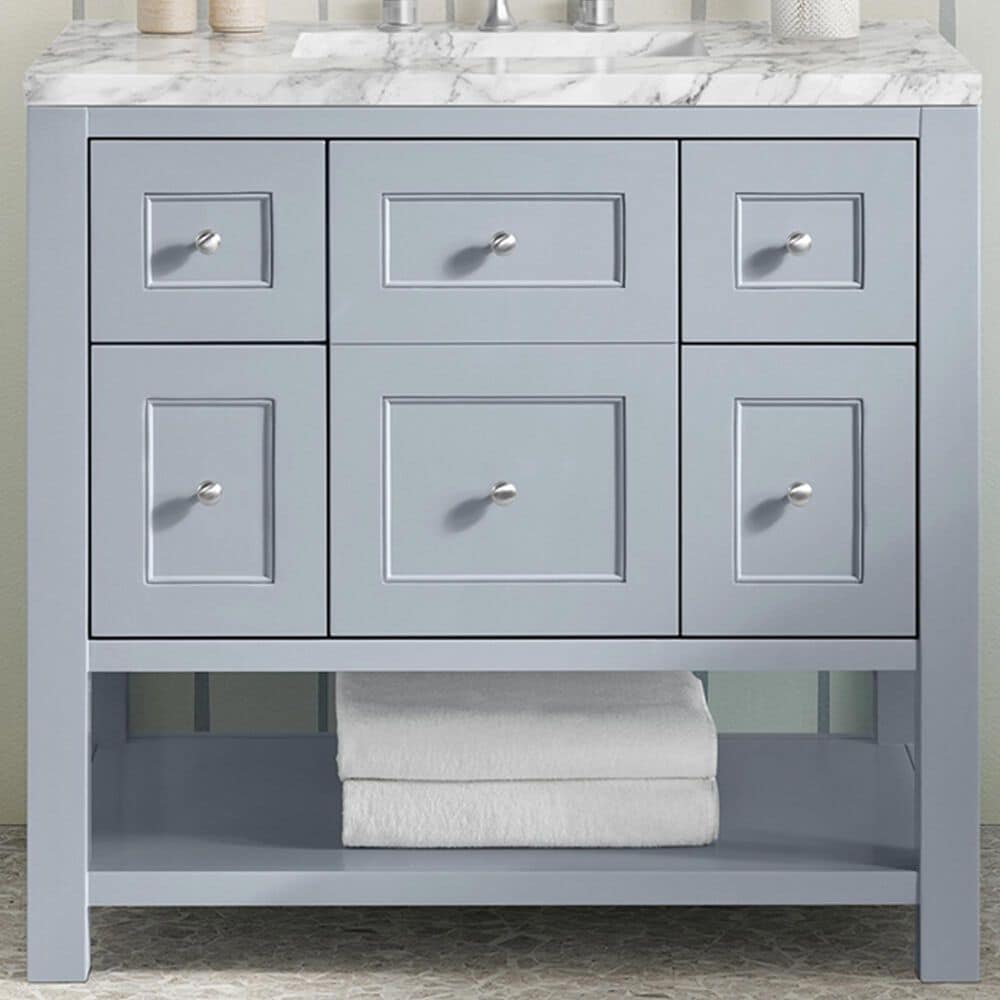 James Martin Vanities Breckenridge 36&quot; Single Bathroom Vanity in Serenity Blue with 3 cm Carrara White Marble Top and Rectangular Sink, , large