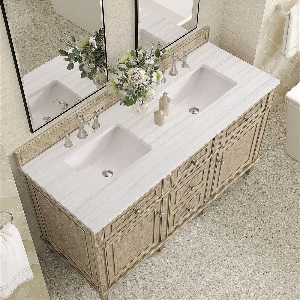 James Martin Vanities Lorelai 60&quot; Double Vanity in Whitewashed Oak with 3 cm Arctic Fall Solid Surface Top, , large