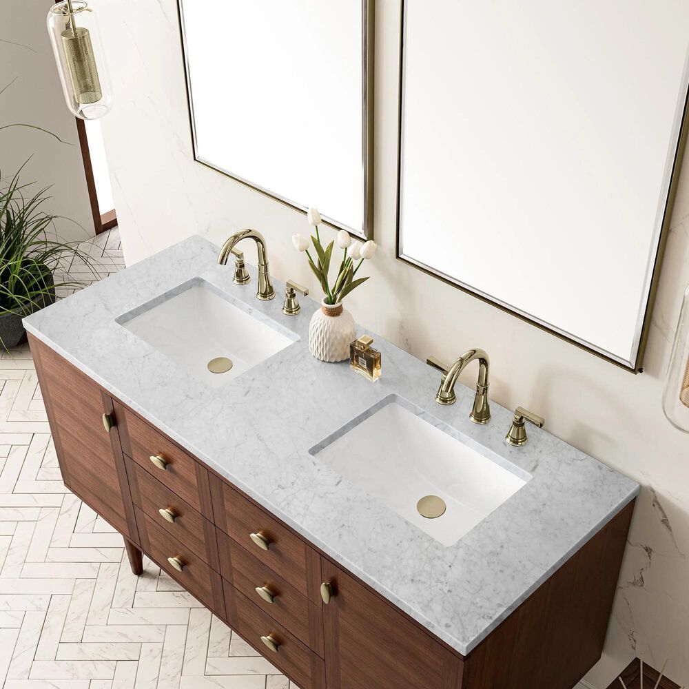 James Martin Vanities Amberly 60&quot; Double Bathroom Vanity in Walnut with 3 cm Carrara White Marble Top and Rectangular Sinks, , large