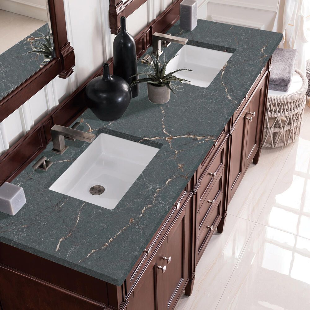 James Martin Vanities Brittany 72&quot; Double Bathroom Vanity in Burnished Mahogany with 3 cm Parisien Bleu Quartz Top and Rectangular Sinks, , large