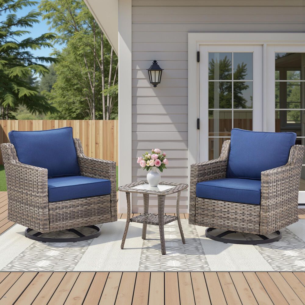 Hearth and Haven 3-Piece Outdoor Wicker Swivel Chair Set with 19" Side Table in Blue, , large