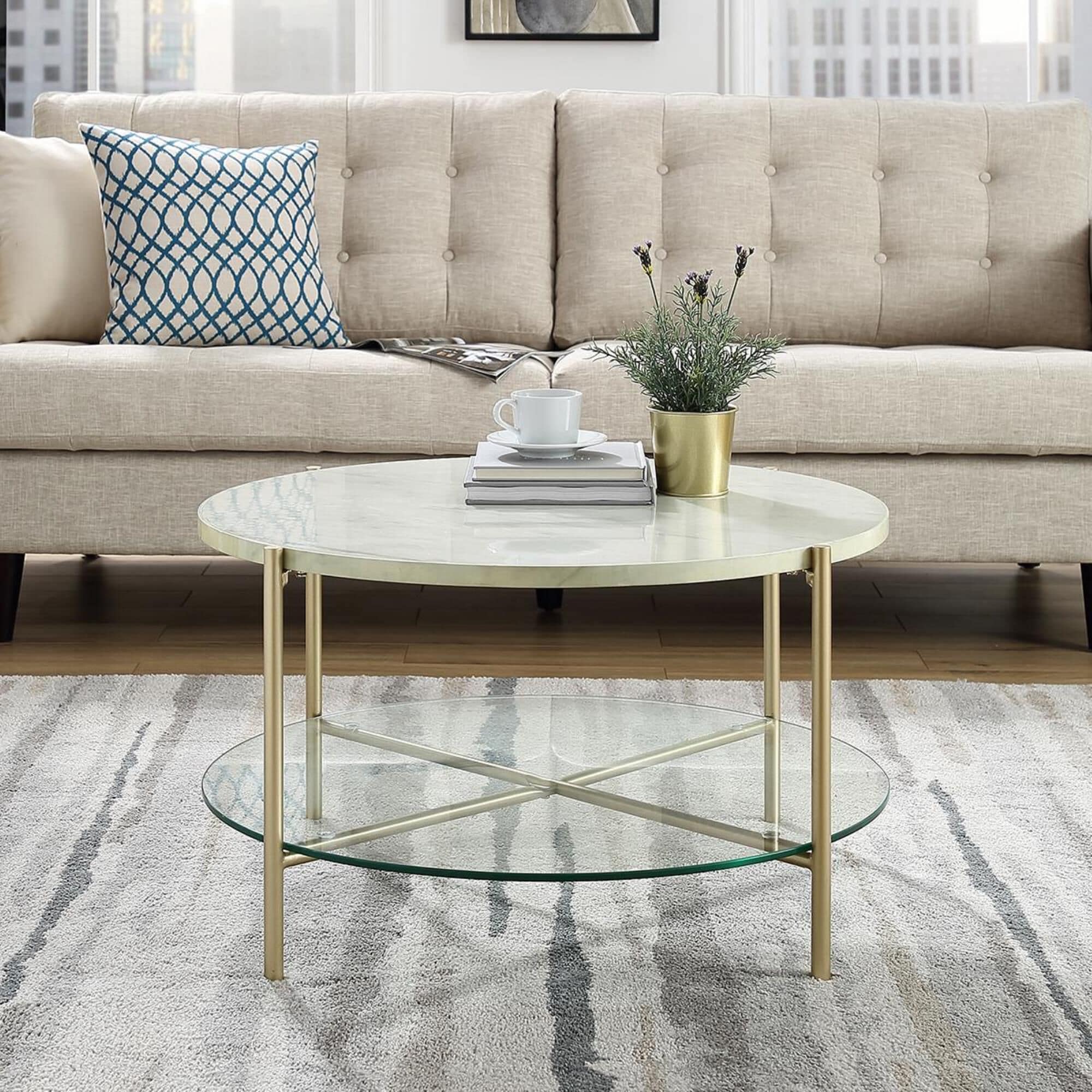 Walker Edison Simone Round Coffee Table in White Faux Marble and Gold NFM