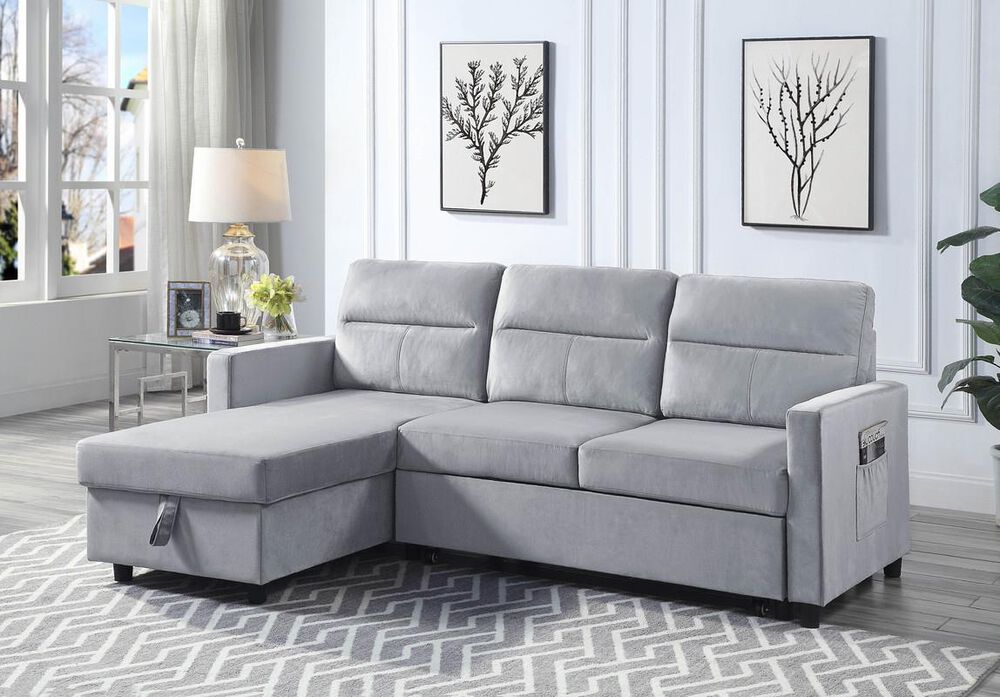 HOMLUX 81.5"W Velvet Reversible Sleeper Sectional Sofa with Storage &amp; Side Pocket, in Light Grey, , large