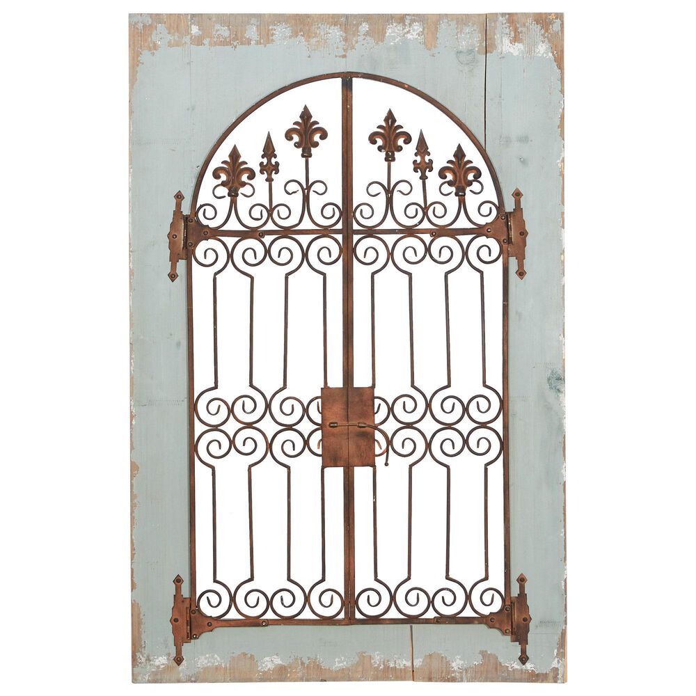 Maple and Jade 33" x 50" Arched Windowpane Fleur De Lis Home Wall Decor with Rust Metal Scrolled Gate in Distressed Blue and Bronze, , large