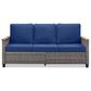 Sunwell Garden 32"H 3-Seater Outdoor Sofa with Acacia Wood Armrests and Navy Cushions in Gray, , large