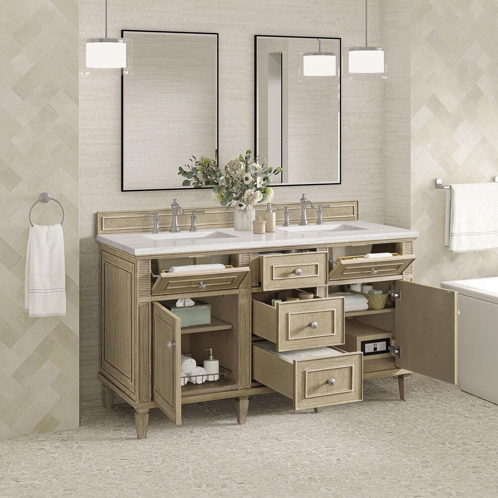 James Martin Vanities Lorelai 60&quot; Double Vanity in Whitewashed Oak with 3 cm Arctic Fall Solid Surface Top, , large