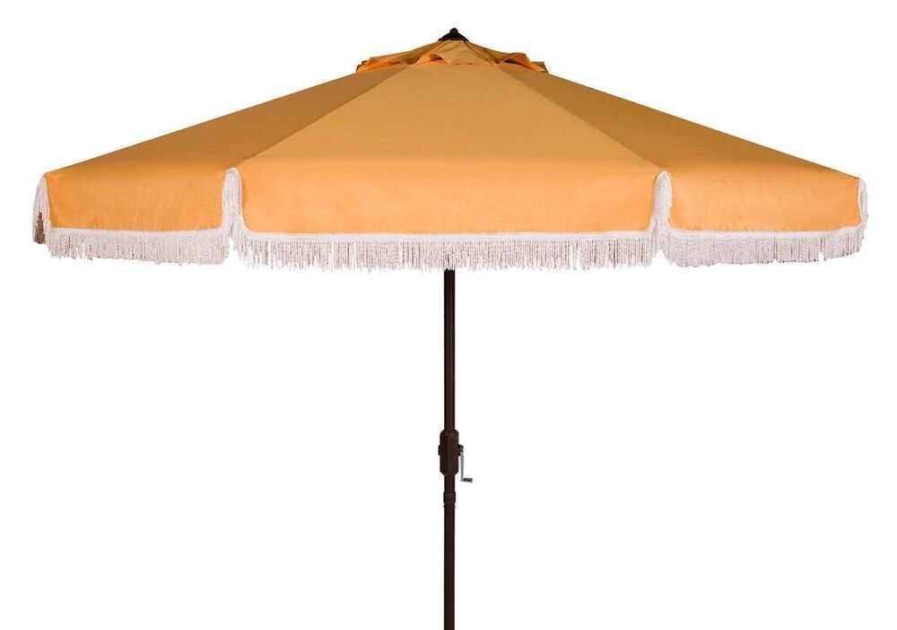 Safavieh Milan Fringe 9Ft Crank Yellow and White Outdoor Push Button Tilt Umbrella, , large